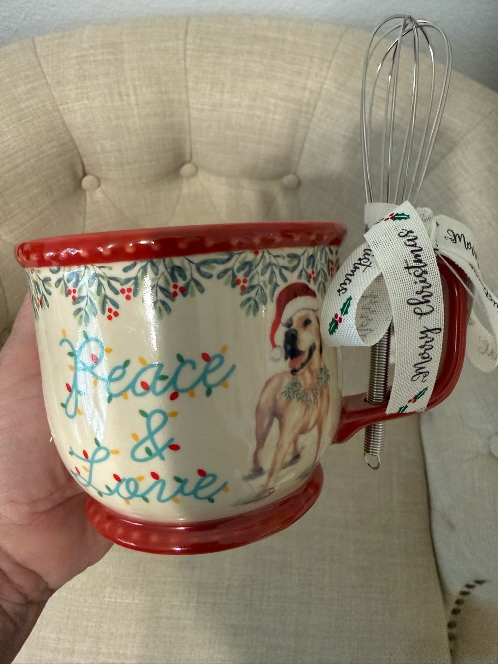 The Pioneer Woman Peace & Love Christmas Mug Whisk Holiday Dog Cocoa Cup New